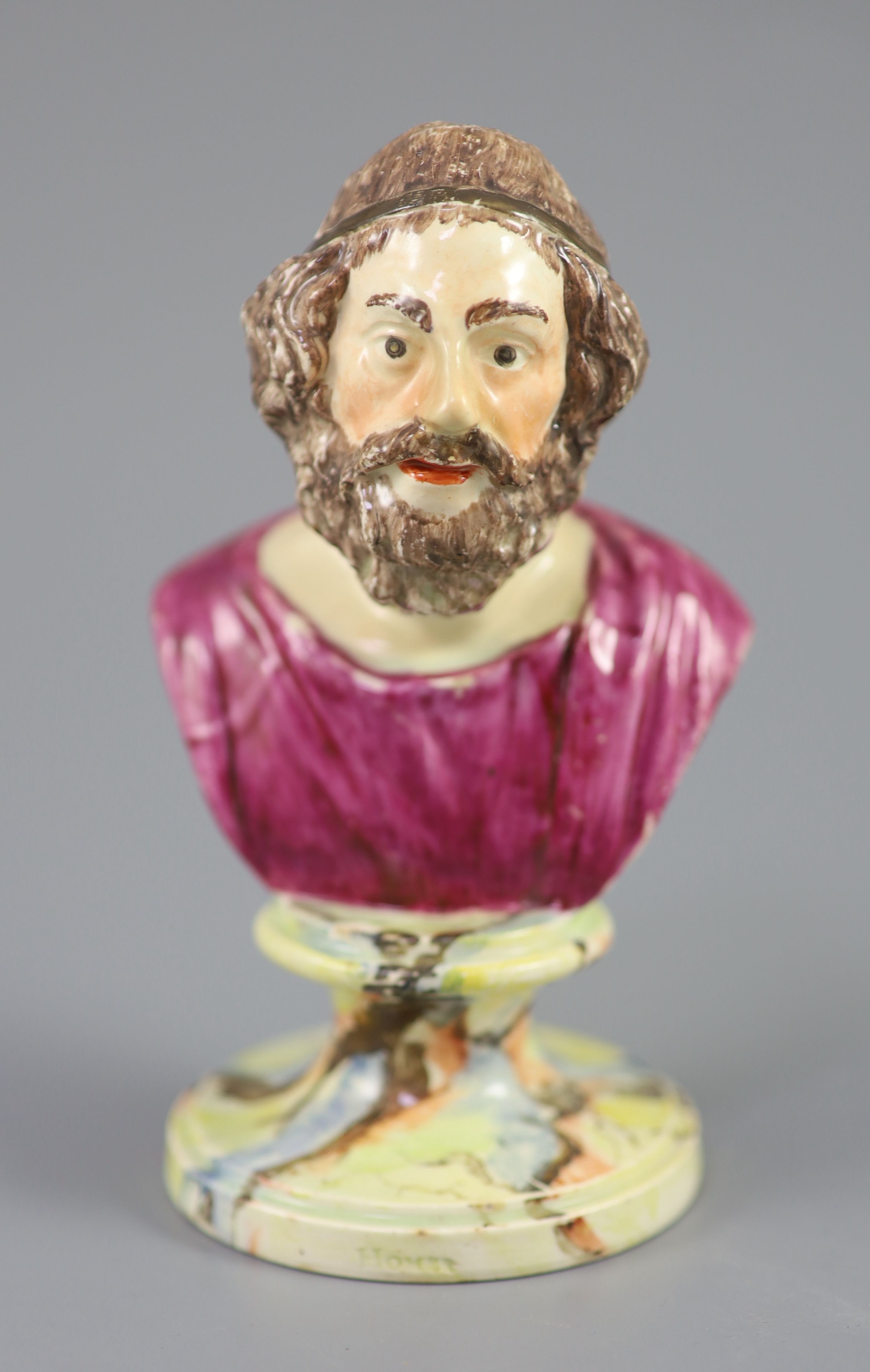 A Enoch Wood type pearlware bust of Homer, on marble base, c.1790-1800, 13cm high